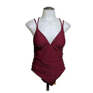 NEW Beachsissi Swimwear Women Large One Piece Padded Swimsuit V-neck Burgundy L